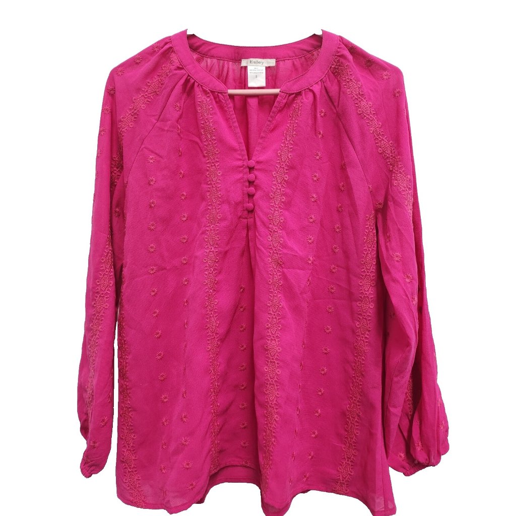 Esley Womens Boho Festival Top Small Pink Embroidered Long Sleeve Office Nwt